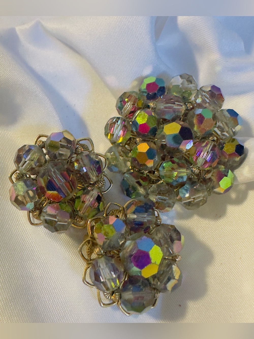Vintage AB Purple Brooch & Clip-On Earrings Matching Set Iridescent Round Glass